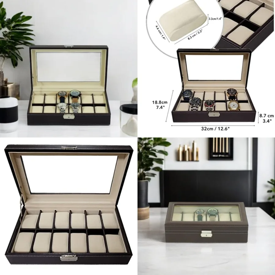 

12 Piece Chocolate Brown Leatherette Men's Watch Box Display Case Collection Jewelry Box Storage Glass Top Father's Day