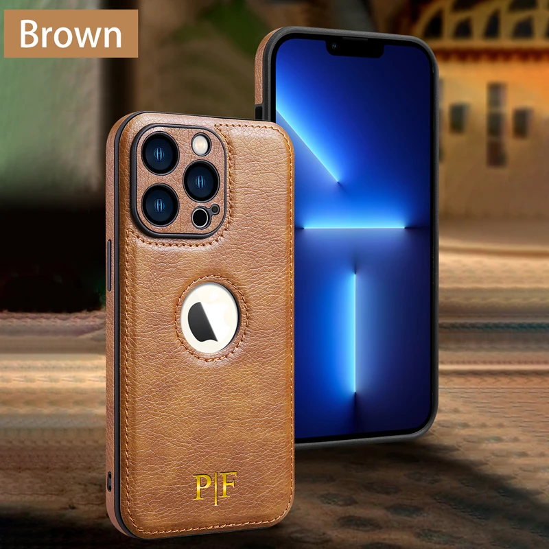Luxury Leather Logo Hole DIY Engraved Case For iPhone 15 14 13 12 11 Pro Max Personalized Customized Name Initials Cover 15 Pro