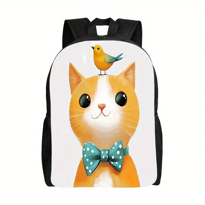 

1 Cute Cat & Tabby Cat Backpack with Heart Paw Print & Polka Dot Bow - Lightweight and durable school bag with adjustable