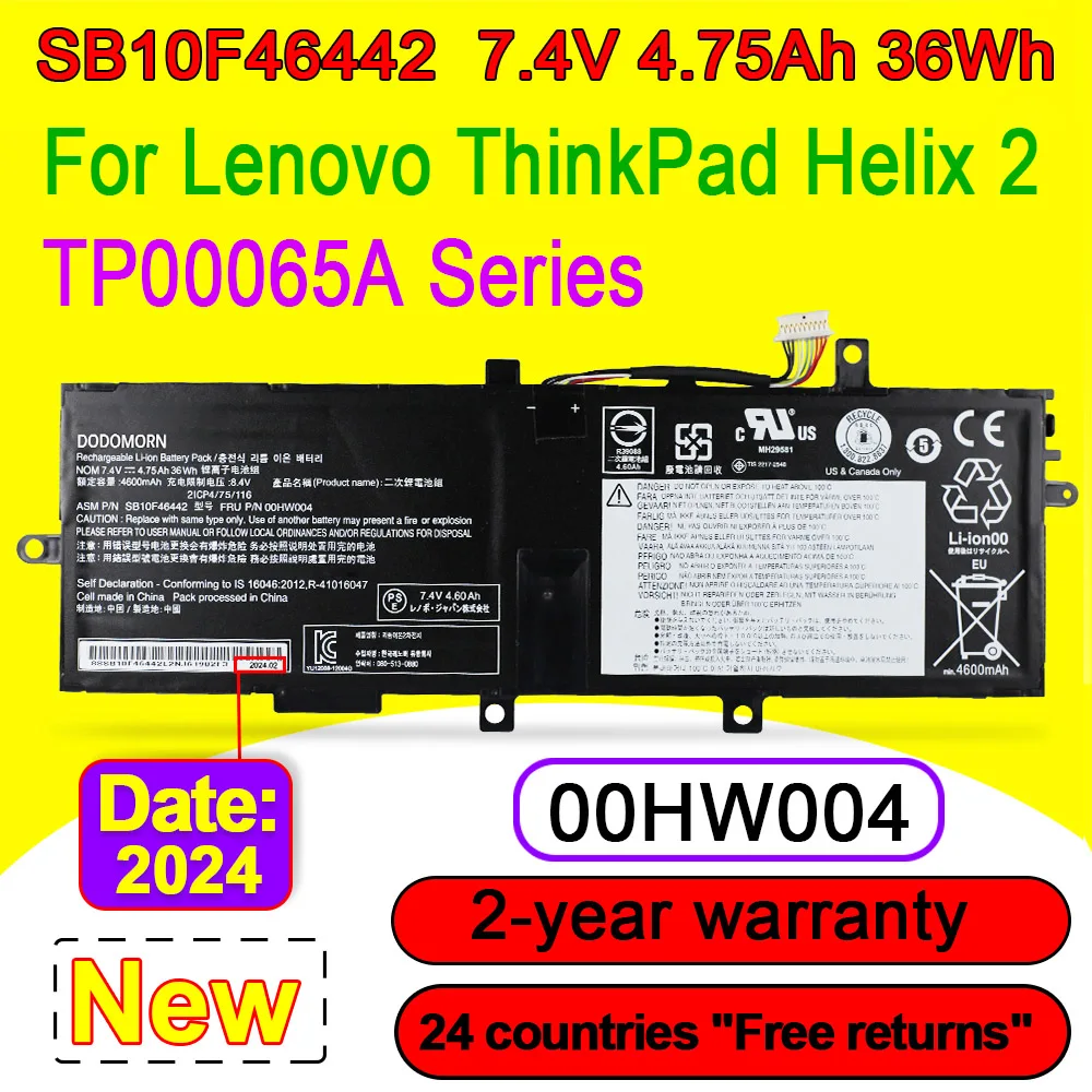 

For Lenovo ThinkPad Helix 2 20CG Series 00HW004 00HW005 SB10F46442 SB10F46443 2ICP4/75/116 Laptop Battery 7.4V 36Wh 4750mAh