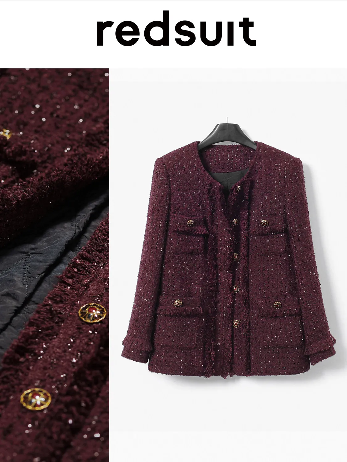 New Autumn winter cotton premium warm slimming purple shiny coarse tweed jacket top Custom size