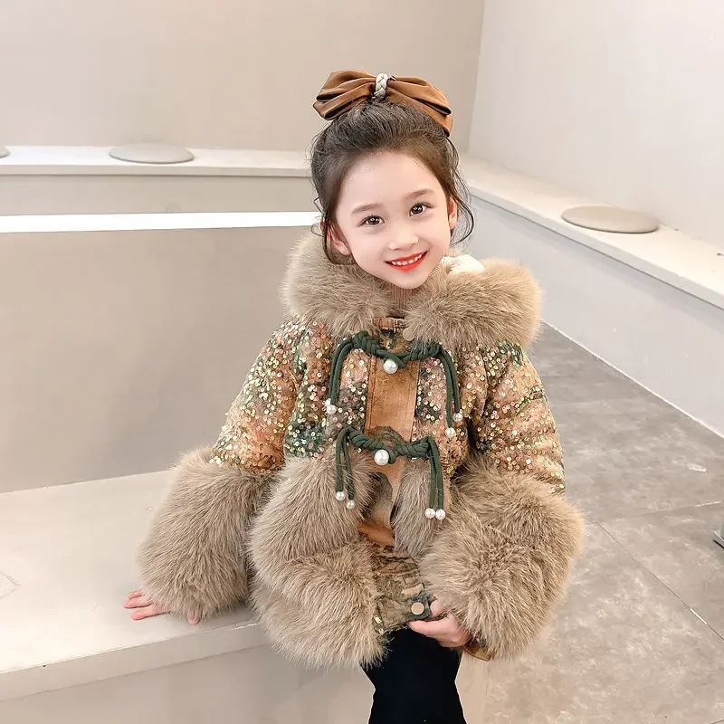 Winter Warm Jackets New Year Cotton Coats Cute Girls Jackets Baby Plus Velvet Thick  Kids Hooded Outerwear Children Shiny Coat