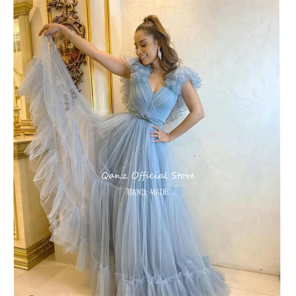 Qanz Dirty Blue Elegant Evening Dresses Long A Line Tulle Formal Occasion Dresses V Neck Ruched Arabic Dresses For Women Weddin