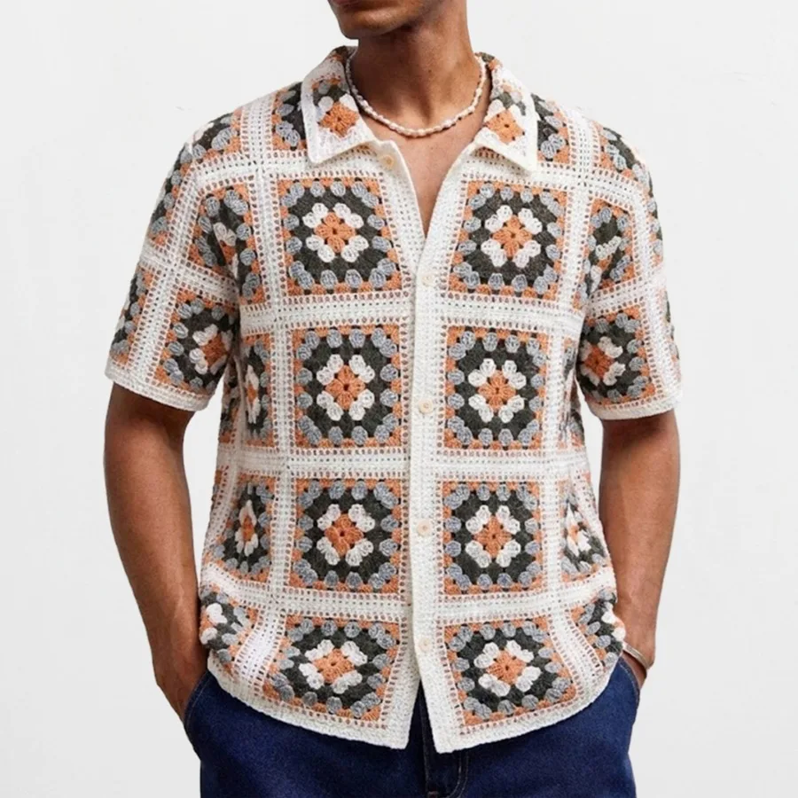 New Men's Casual Breathable Knit Shirt Retro Ethnic Style Crochet Shirts Summer Hollow Out Short Sleeve Cardigans Men Streetwear