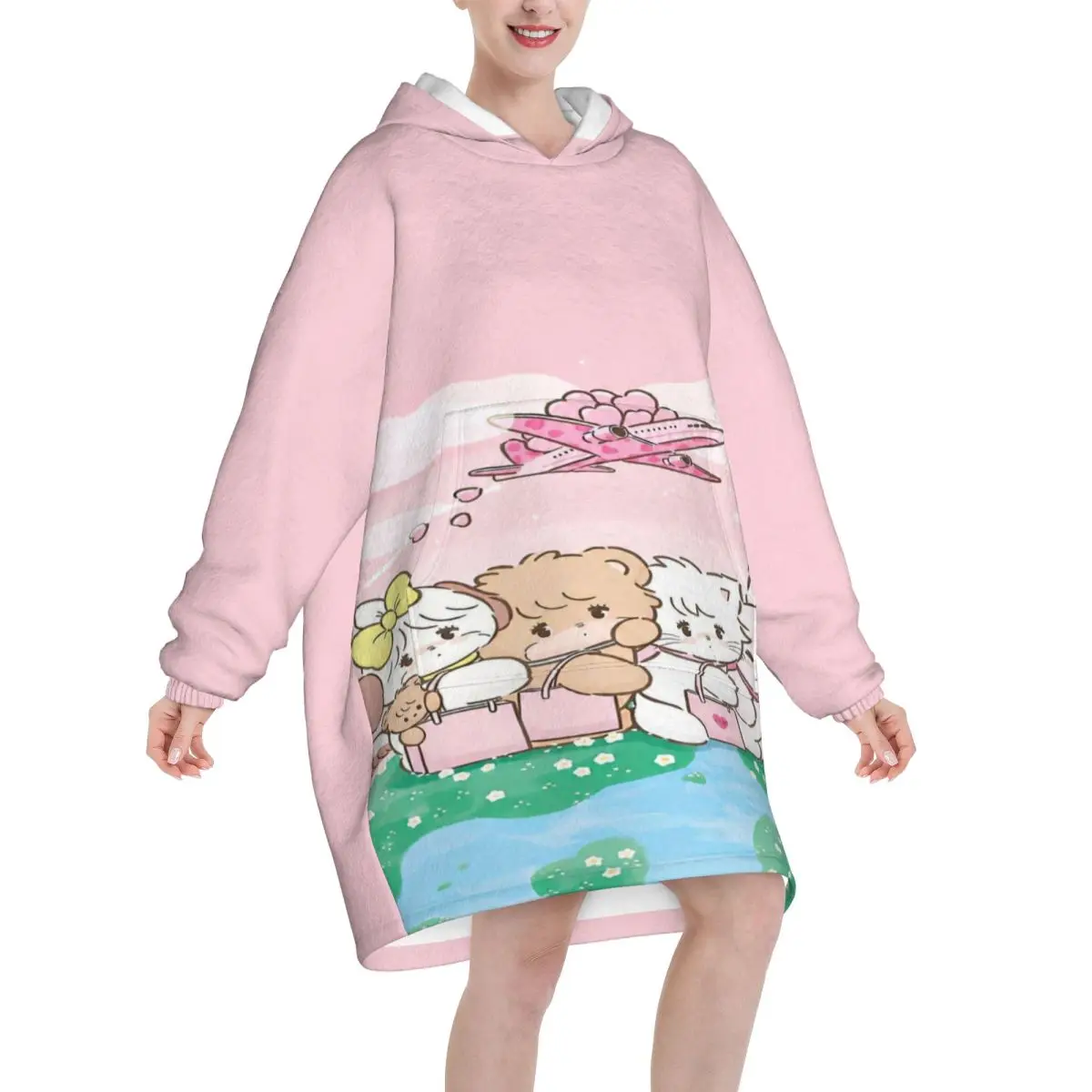 Pink Cartoon Mikko Mousse Oversized Blanket Hoodie Sweatshirt Long Fleece Hooded Wearable Blanket with Large Pocket for Women
