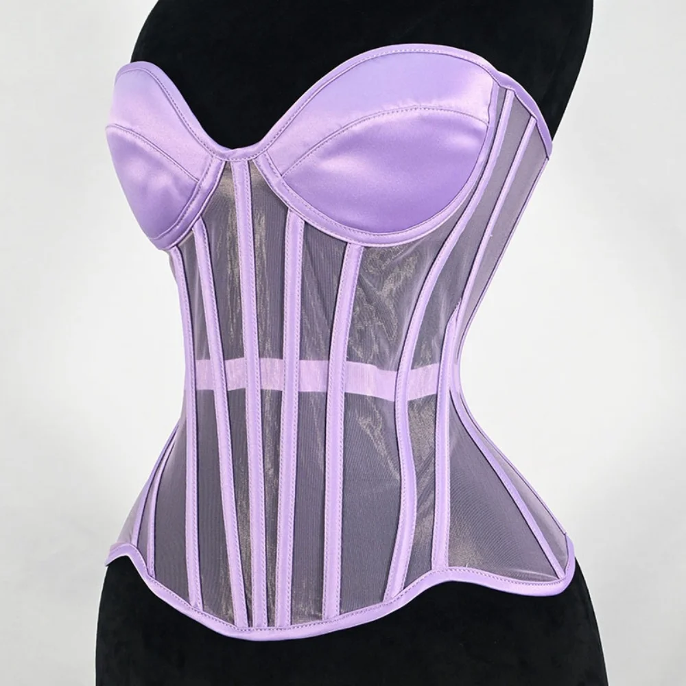 Women Transparent Mesh Overbust Corset Sexy Fishbone Lace-up With Bra Cup Strapless Bodices Lingerie Slimming Shaper Bustier Top