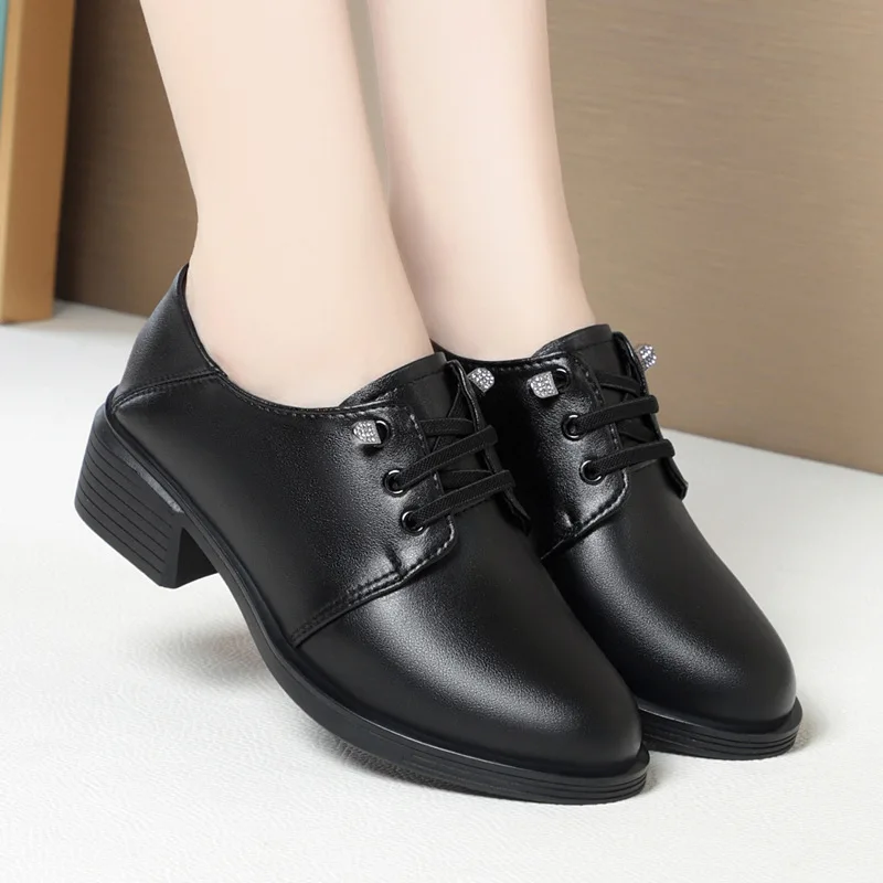 GKTINOO 2024 Spring Autumn Genuine Leather Shoes Woman Pumps British Soft Sole Plus Velvet Warm Black Shoes Mid Heels