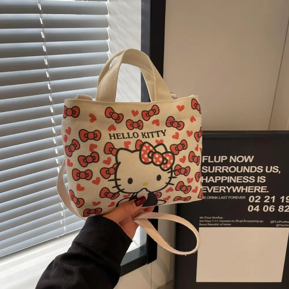 Kawaii Sanrio Hello Kitty Canvas Bag Cartoon Cute Portable Shoulder Bag Large Capacity Crossbody Bag Mobile Phone Bag Girl Gifts