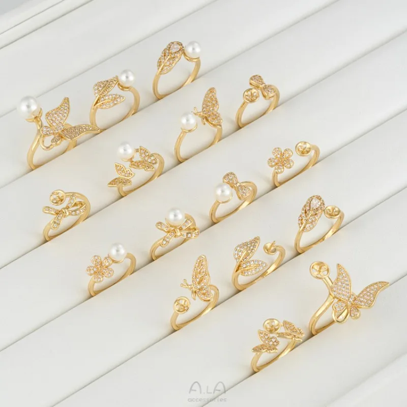 14K Gold Color Micro Pave Zircon Flower Leaf Butterfly Bead Ring For DIY Pearl Jewelry Bracelet Necklace Making Accessories