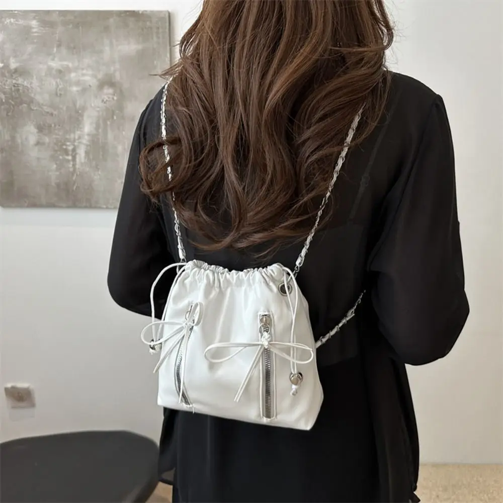 Simple Small Bowknot Drawstring Bag Korean Style PU Leather Bow Shoulder Bag Chain Sweet Bowknot Backpack Girl