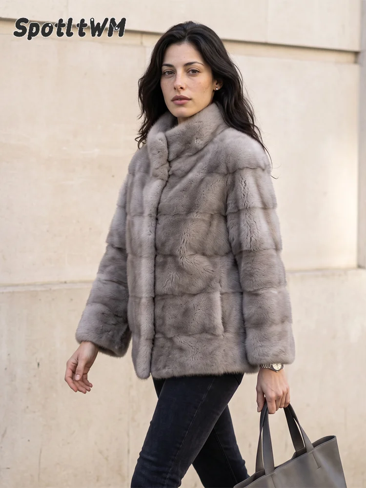 Women's Warm Stand Collar Patchwork Faux Fur Coat For Fluffy Full Sleeve Snap Button Short Jacket Winter Lady Casual Outerwear