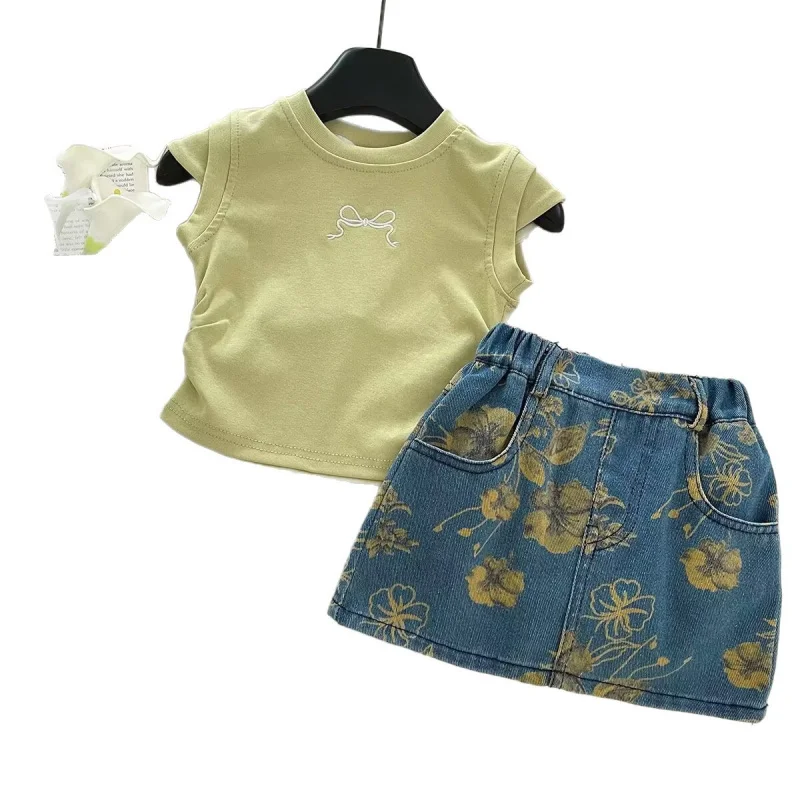 2025Summer Girls' New Fly Sleeve OutfitTTrendy Two-Piece Set: T-Shirt with Print and Denim Skirt