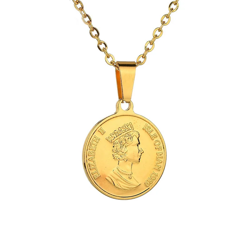 Collar con colgante de moneda de oro tallada para mujeres, niñas y hombres, cadena redonda sencilla de acero inoxidable, joyería de medalla de celebridad para adoración de la diosa.