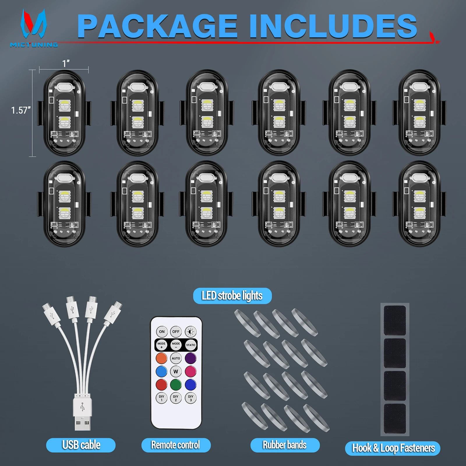 

MICTUNING 12-Piece Wireless LED Plastic Flashing Light Set with Remote Control, Rechargeable Waterproof Shockproof Flashing Ligh