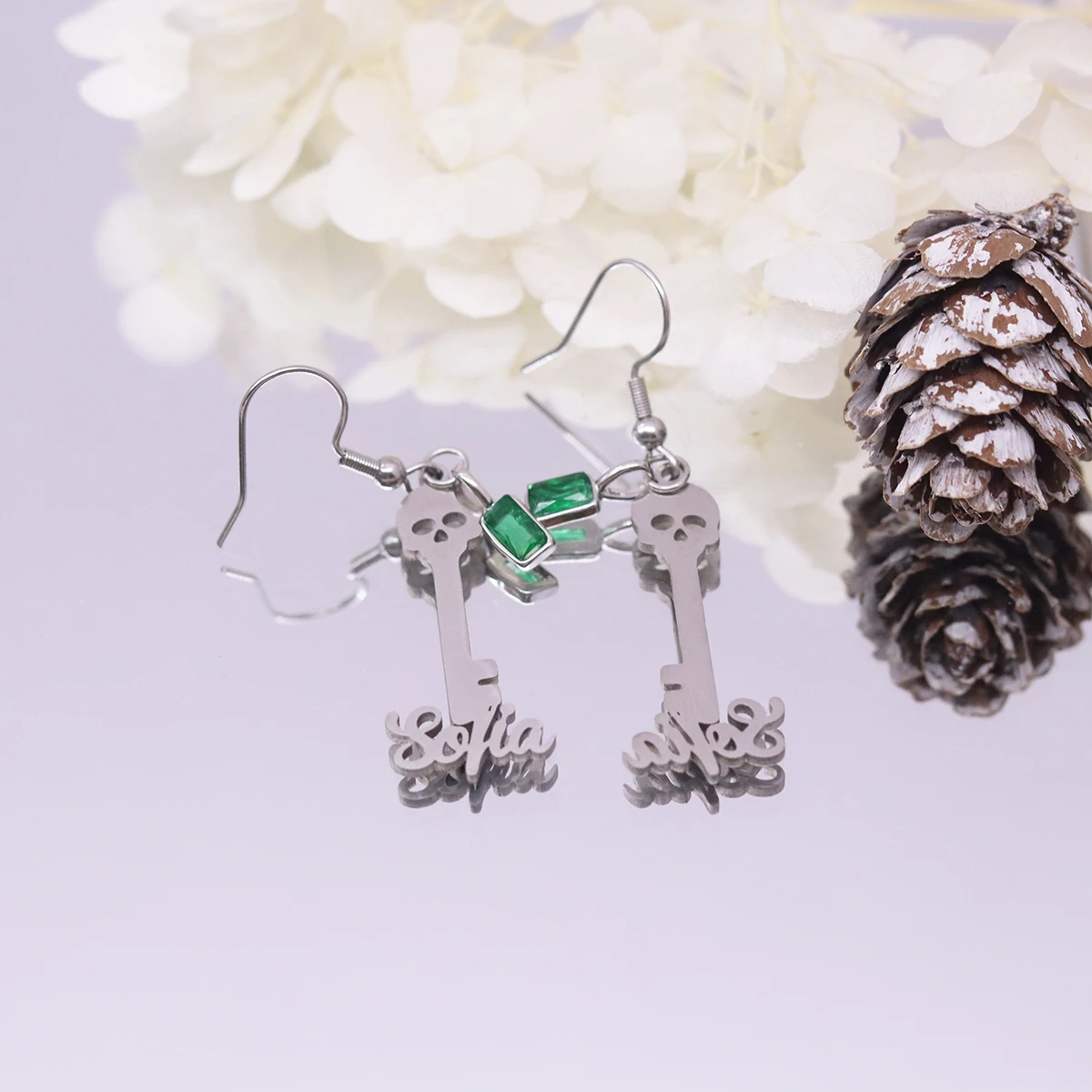 Chandler Custom Name Skull Key Earrings with Green Zircon, Gothic Themed Dangle Earrings, Ethnic Jewelry for Women