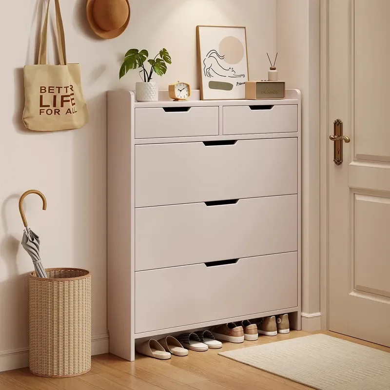 2026 New Solid Wood Ultra Thin Shoe Cabinet Small Narrow Entrance Storage Against Wall With Drawer Tipping Bucket Shoe Rack
