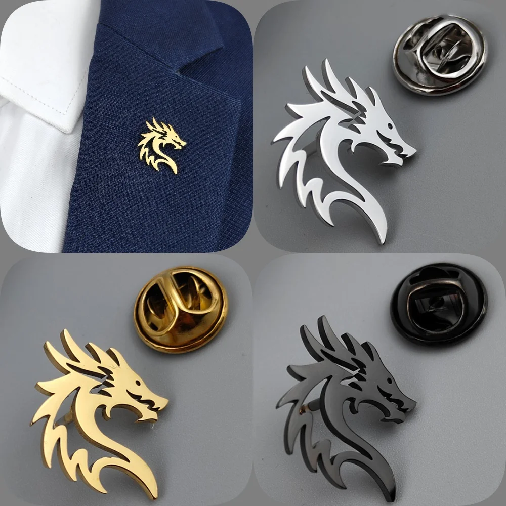 New dragon hollow men's lapel pin, 316L stainless steel gold-plated badge, black brooch for suit accessories, gift for father