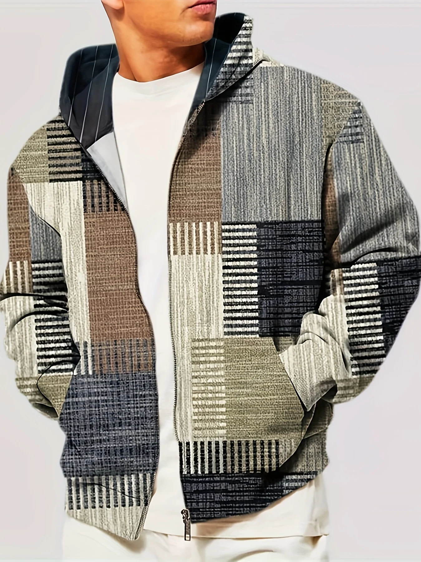 Y2K Men's Patchwork Printed Zip-Up Hoodie Jacket - Casual Hooded Sweatshirt With Pockets For Spring & Autumn  Fashion Clothing