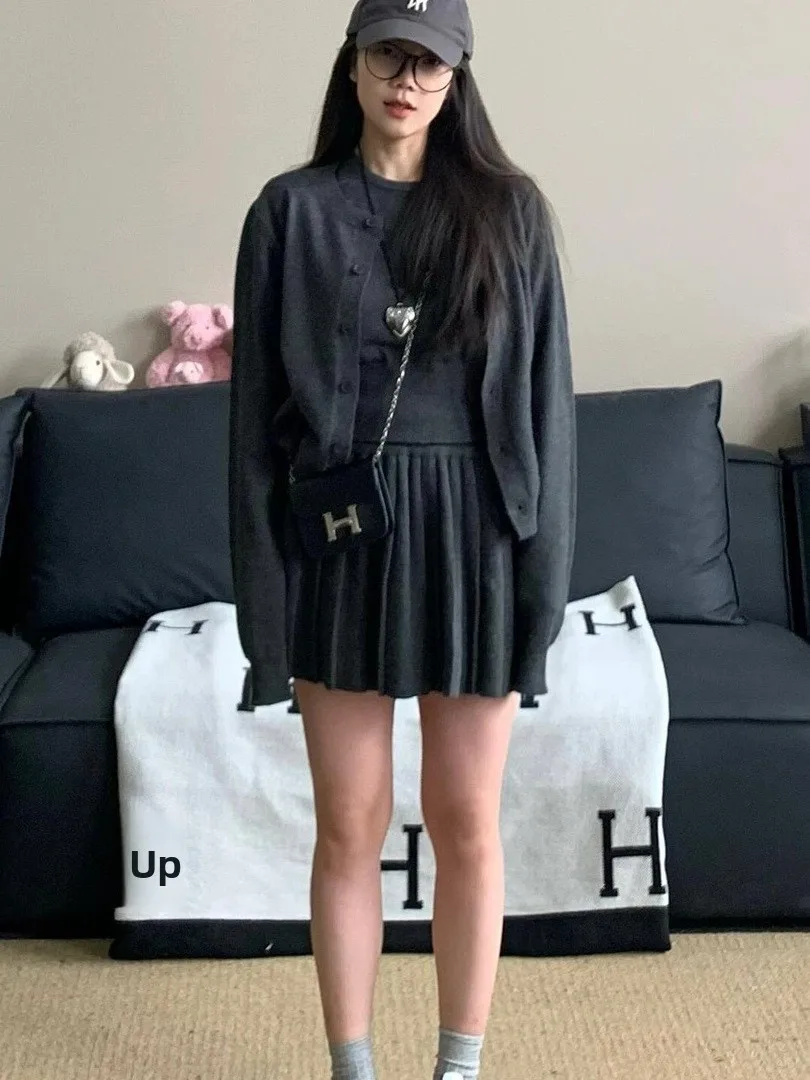 Autumn Miu Series Ultra ular Women's Knitted Top Skirt Set High Waist Casual Sle Mid-Thi Warm Pure Color Tee-Piece Set