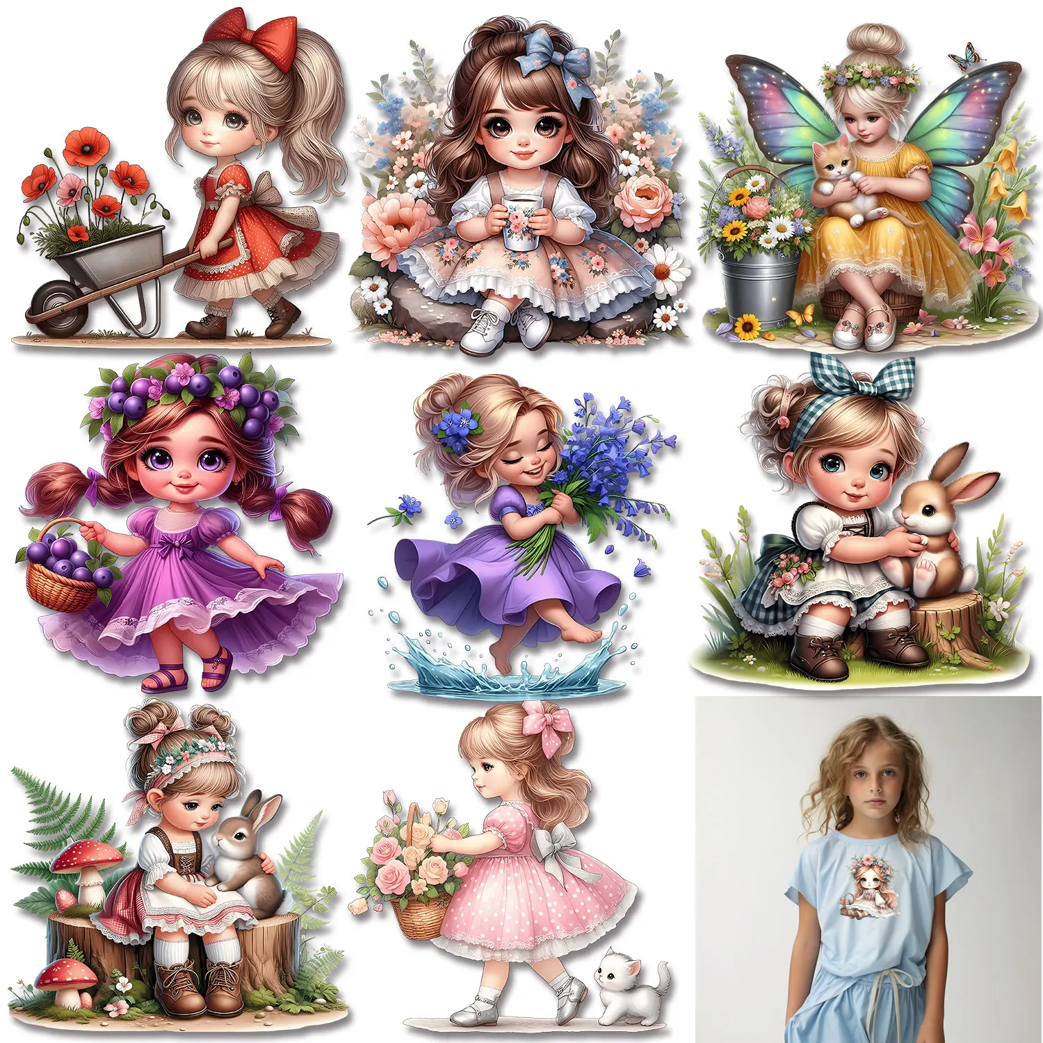 Cute Fairy Girl Decal Whimsical Garden Illustration Fairy Tale Themed Sticker Iron on Picture on Clothes DIY Decoration