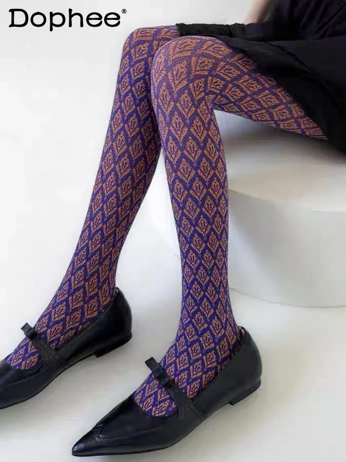 

Japanese Retro Diagonal Plaid Jacquard Base Tights Spring and Autumn New Thickened Warm Milk Pantyhose for Women