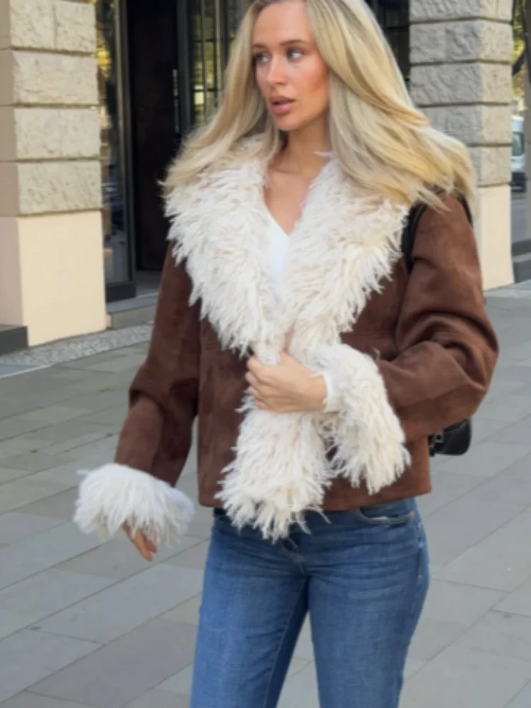 Womens Brown Faux Suede Jacket White Faux Fur Collar Cuff Long Sleeve Button Down Coat Fall Winter Party Daily Trendy Streetwear
