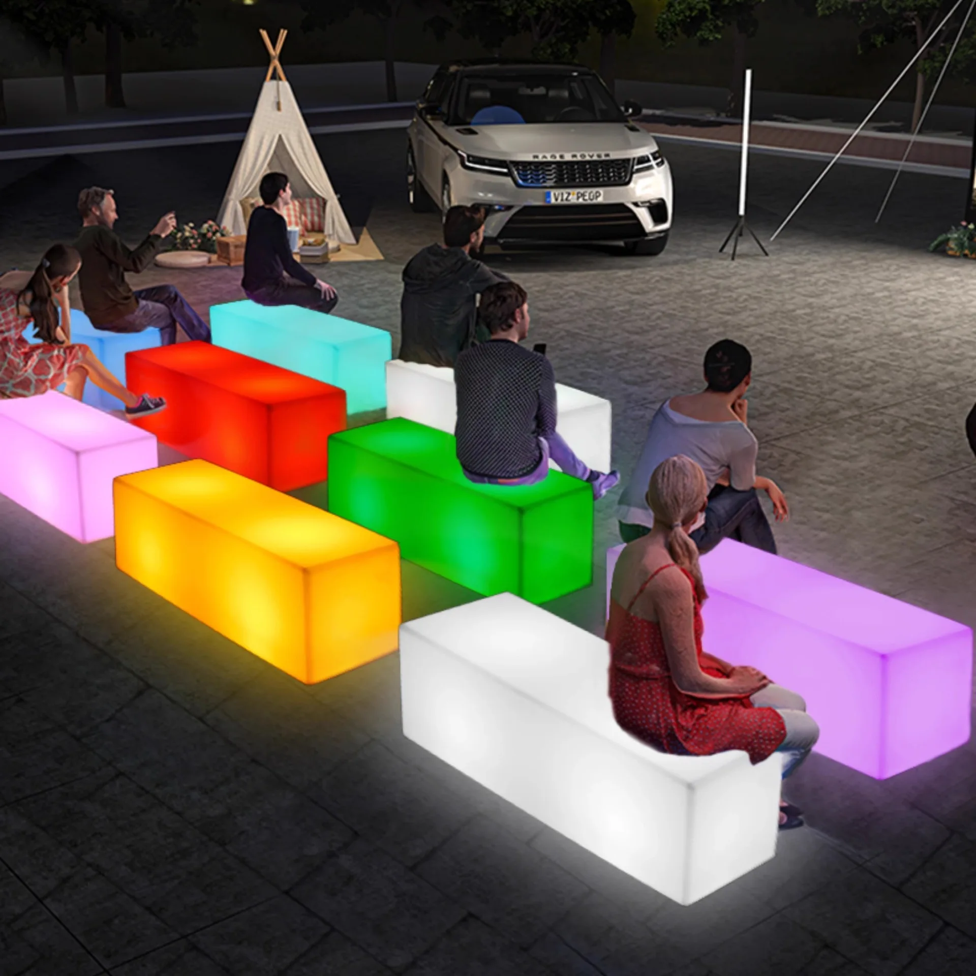 屋外LEDレジャーパークショッピングモール休憩待合発光列椅子コミュニティベンチ景観