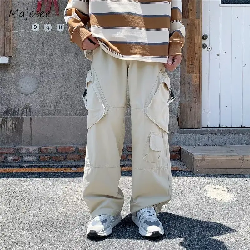 

Men Pants Safari Style Solid Multi Pockets Mopping Trousers American Leisure Wide Leg Joggers Pantalones Streetwear Chic Daily