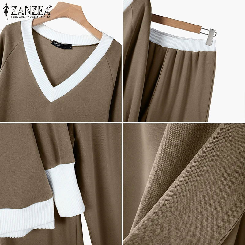 Plus Size Pant Sets ZANZEA Women Autumn Knitted Fashion Colorblock Outfits Two Piece Suits Casual Loose Pant Sets Vintage 2PCS