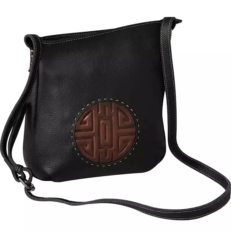 

Genuine Cow Skin Round Moon Decoration Handmade Cross Body Bag Women Chinese National Style Adjustable One Shoulder Ladies