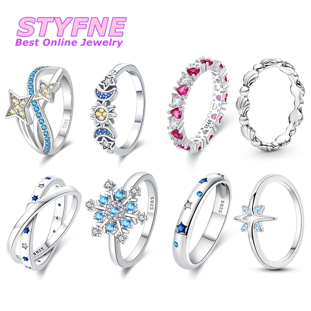 Women 925 Sterling Silver Geometry Star Sun Moon Heart-Shaped Snowflake Shell Rings Jewelry Anniversary Birthday Fashion Gifts