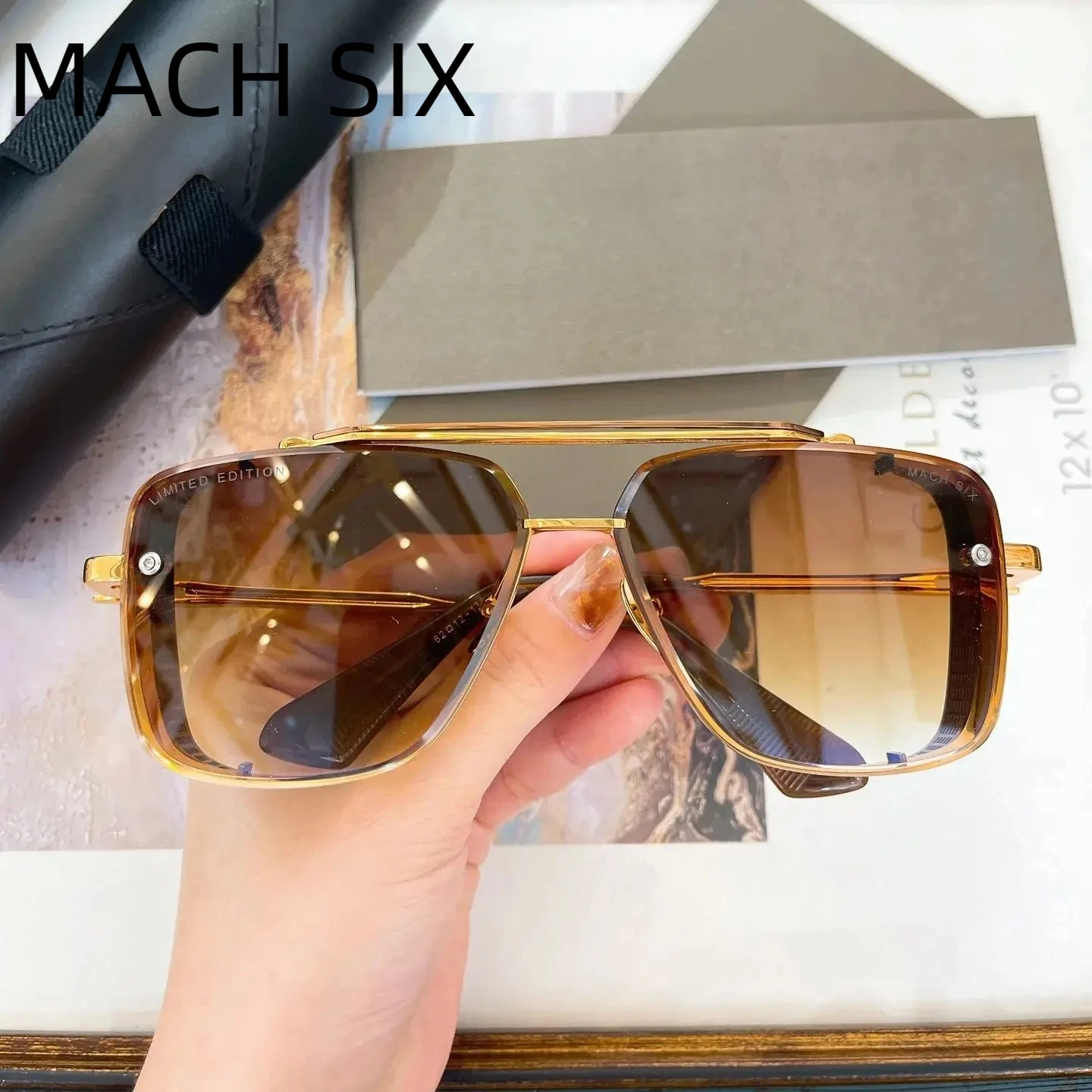 

New DT DTS121 MACH SIX Square LIMITED EDITION Business Womens Sunglasses Fashion Gold Alloy Frame Men's Sun Glasses With Box