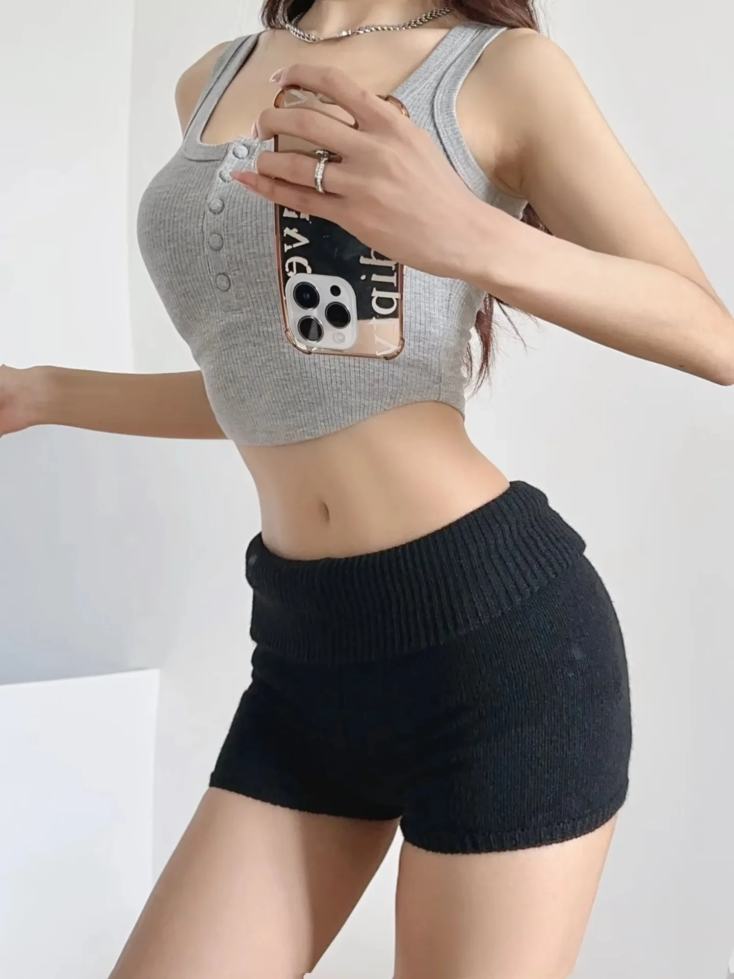 Spicy Girl Low Waisted Knitted Shorts Sexy Wrap Buttocks Double-layer Flip Waist Thread Tight Fitting Slim Solid Shorts O3WG