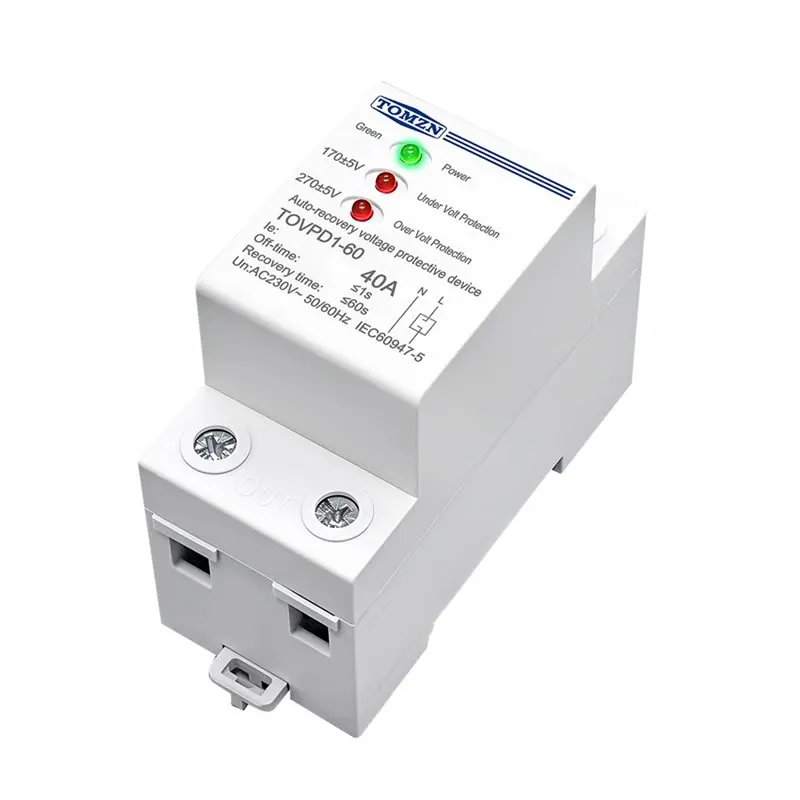 TOMZN TOVPD1-60 40A AC230V DIN Rail 3 LED Auto Reconnect Over/Under Voltage Protective Device Protector Relay Protection