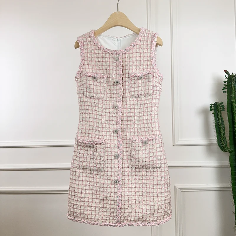 

New Small Fragrance Pink Plaid Tweed Dress Women Sleeveless Multi-pocket Single-breasted Sweet French Lady Short Dress