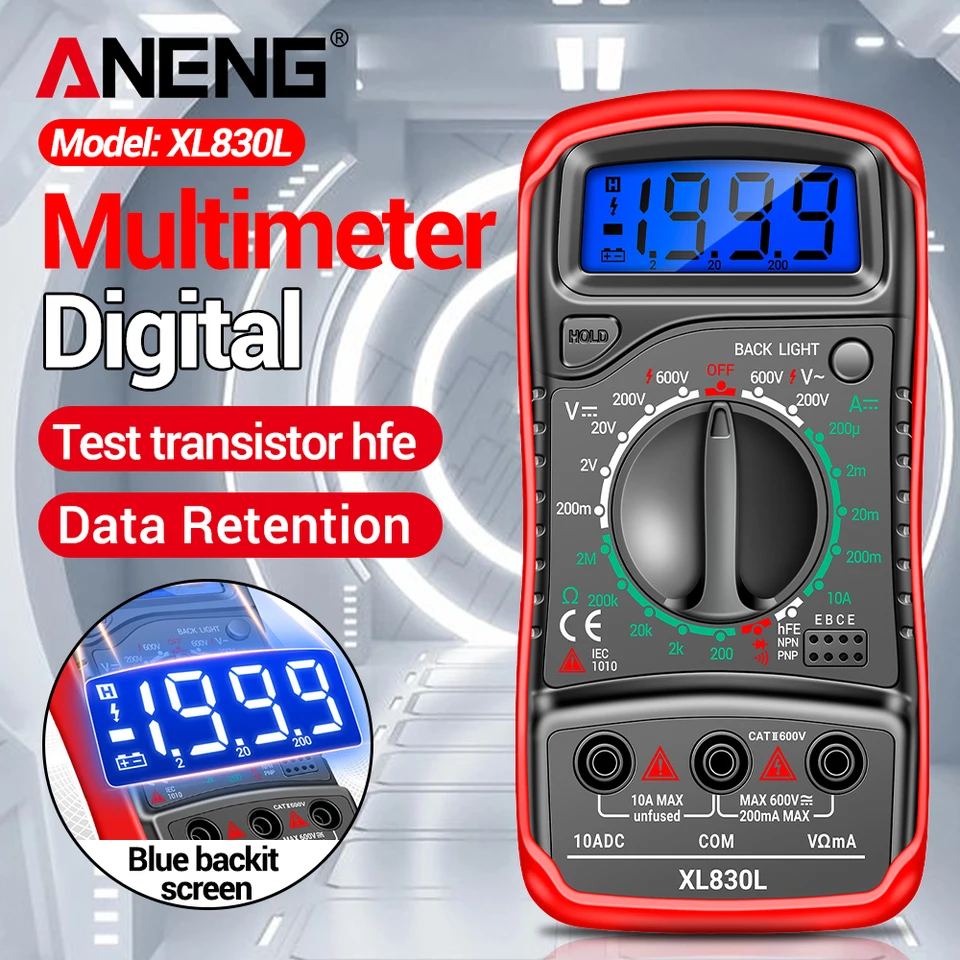 Multímetro ANENG XL830L para reparación de circuitos de vehículos, voltímetro AC/DC, corriente, diodo, triodo, prueba de transistores HFE