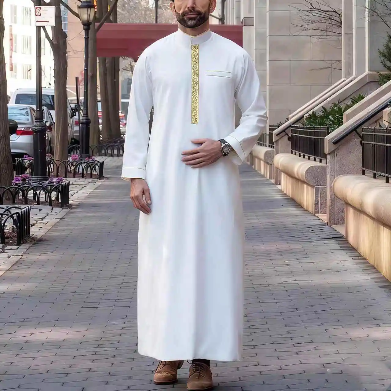 2025Stile etnico musulmano, vestaglie da uomo, ricami a maniche lunghe, abiti arabi con colletto rialzato, abbigliamento tradizionale