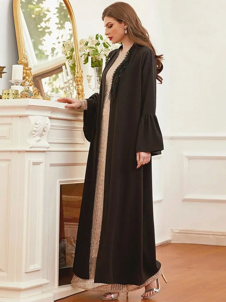 Ramadan Eid piume Kimono musulmano nero Abaya Dubai turchia Islam Abaya per le donne vestono Kebaya Robe Femme Musulmane caftano