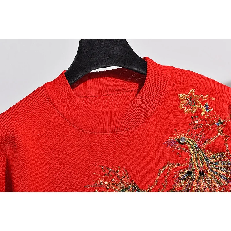

Autumn Pink Black Knitted Tracksuits Women Outfits Loose Casual Beading Embroidery Peacock Sweater Pencil Pants Set Female 2pc