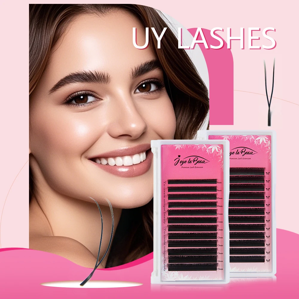 رموش YY على شكل حرف U تمديد 2D UY طبقة مزدوجة U Sahpe YY رموش فائقة النعومة رموش بالمنك الصناعية مراوح مسبقة الصنع