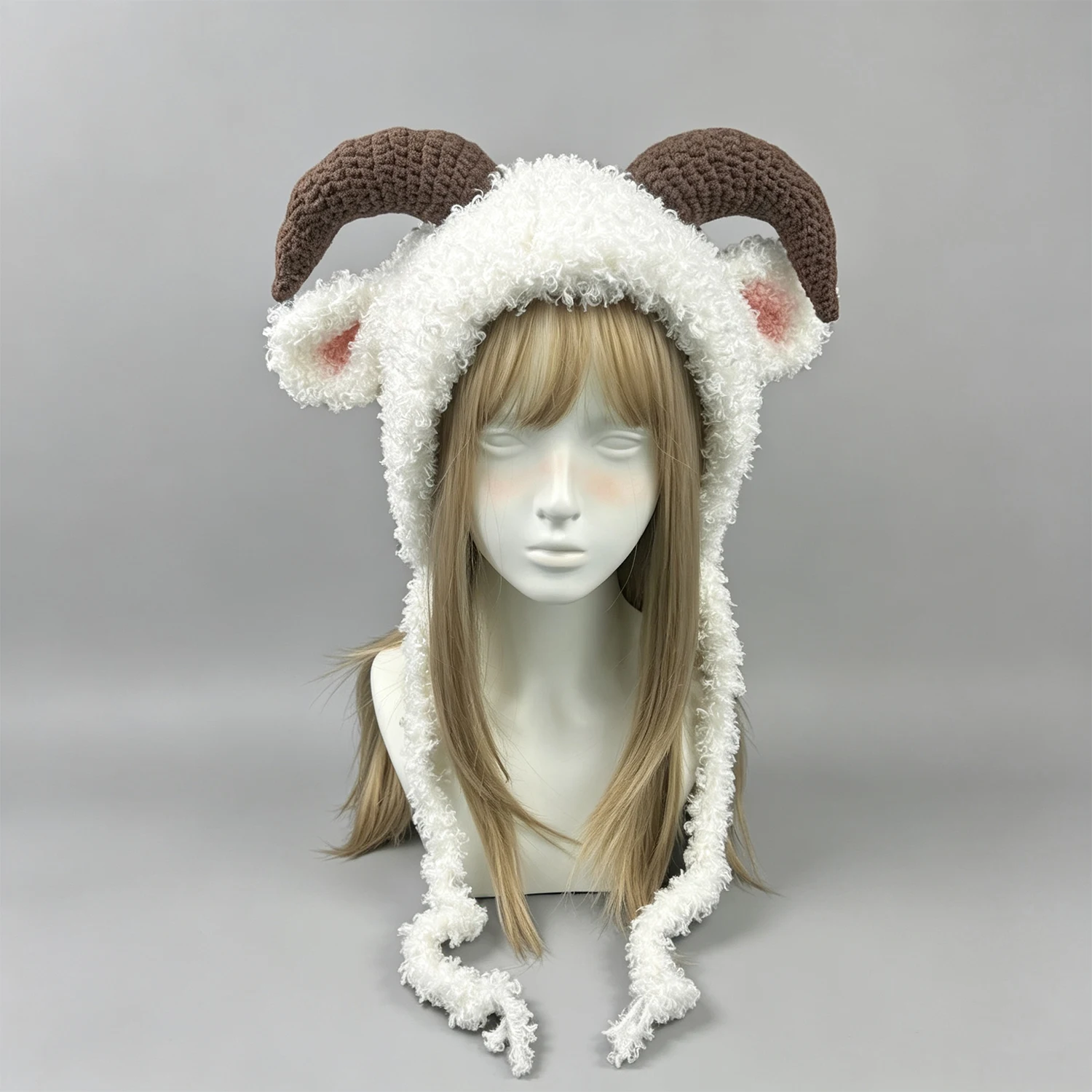 Custom Handmade Crocheted Horn Hood White Pink Lamb Sheep Ears Knitted Hat Women Kawaii Lolita Cosplay Winter Warm Beanie Girls