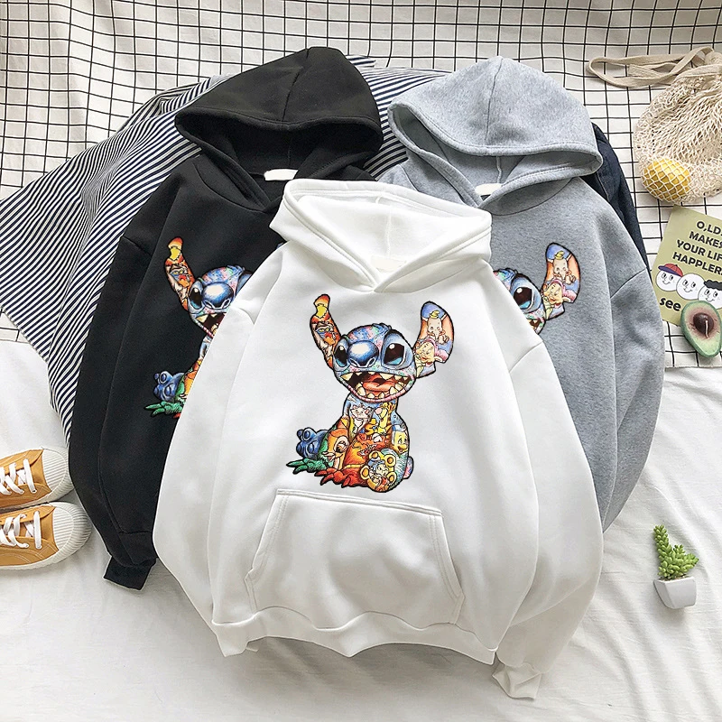 New Disney Funny Stitch Hoodies Women Harajuku Pullovers Cute Kawaii Casual Tops Angel Print Hooded Sweatshirt Long Sleeves