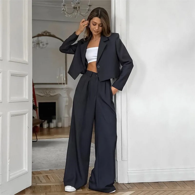 

Женский костюм, повседневный короткий топ с длинными рукавами + длинные брюки с высокой талией, элегантный женский костюм из двух предметов, осенняя офисная одежда