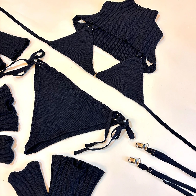 SENMHS новый оригинальный сексуальный готический бикини с подвязками, свитер для косплея, соблазнительное нижнее белье, женское боди, носки, костюм черного цвета