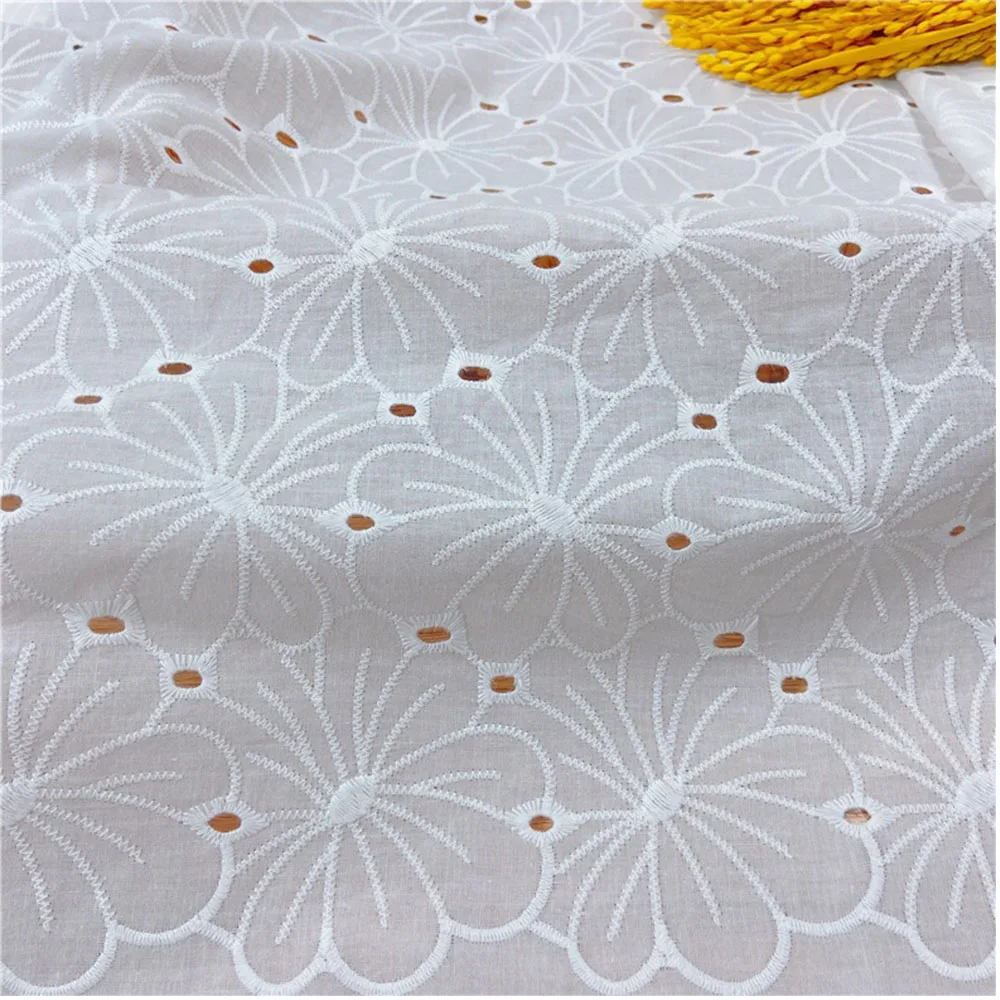 White Flower Jacquard Pure Cotton Fabric Thin Vintage Carved Hole Design For Sewing Women Dresses Garment Shawl DIY Doll Clothes