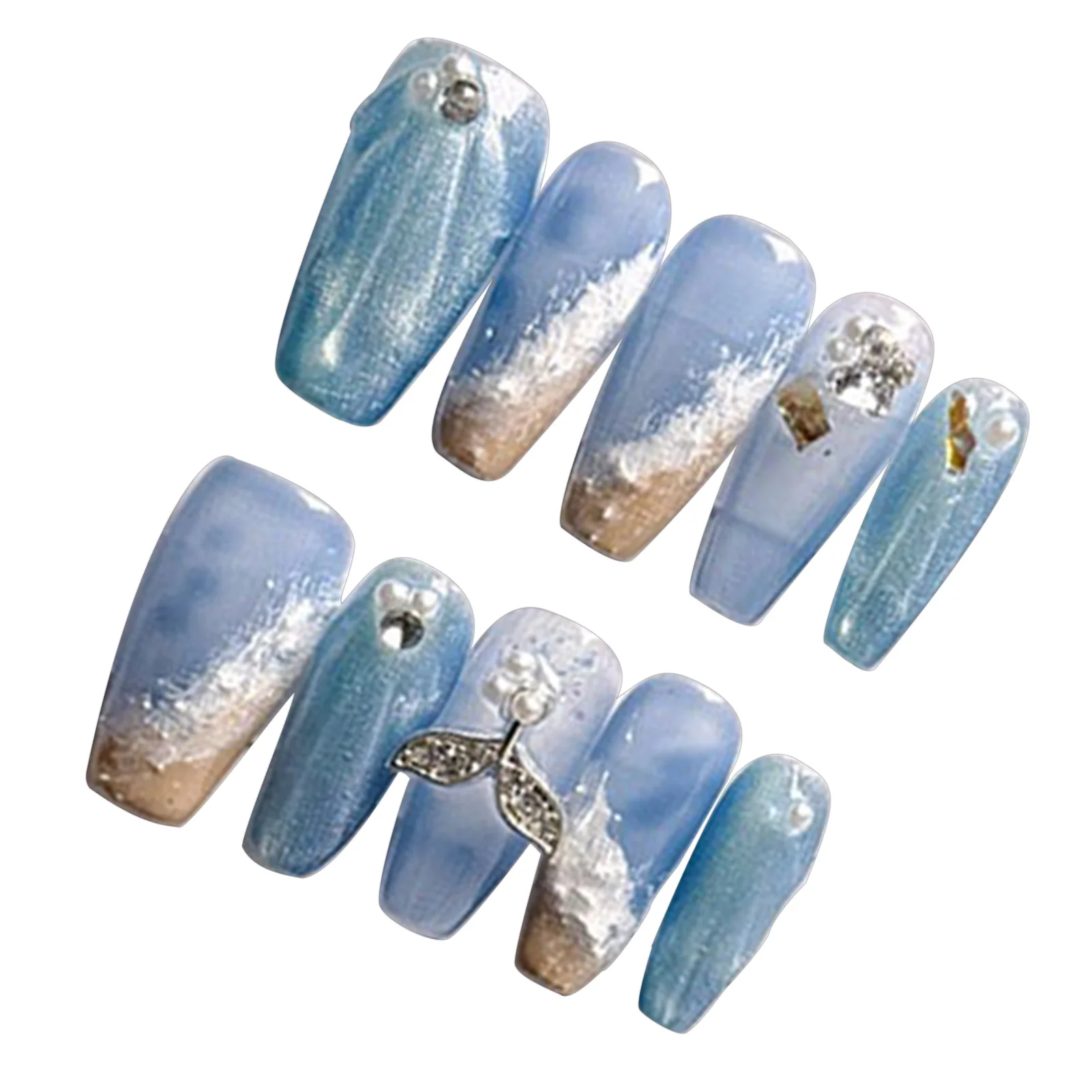 Blue False Nails with Rhinestone Pearls Chip-Proof Smudge-Proof Fake Nails for Hot Girl Dress Matching