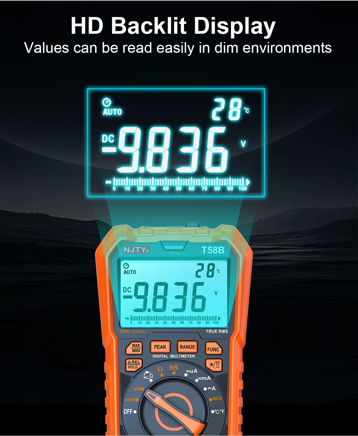 NJTY T58B T58C Induktivitäts-Digitalmultimeter, automatischer Bereich 9999 Zählungen, Spannung, Strom, Kapazität, LED, intelligente Hintergrundbeleuchtung, großer Bildschirm – Detail 10