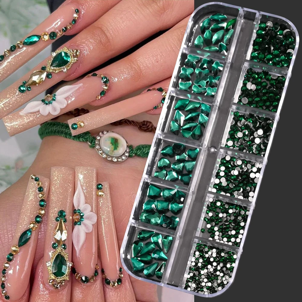 Green Nail Art Rhinestones Luxury Crystal Flat 3D Mixed-Shape Clear/AB Glitter Diamond DIY 12Grids/Boxed Manicure Glitter Stone