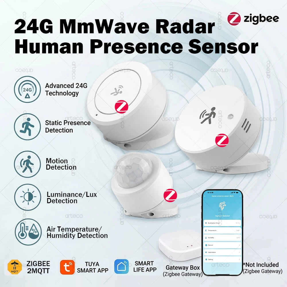 Capteur de présence humaine Zigbee, détecteur radar à ondes millimétriques 24G, détection de luminosité, température et humidité pour passerelle TUYA Smart Life Z2M