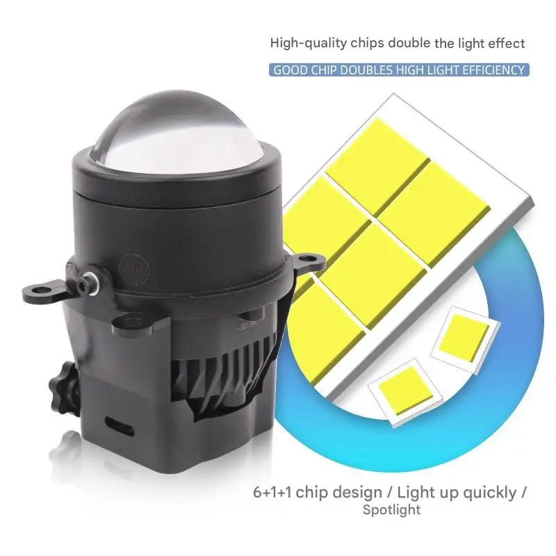 Car Front Bi LED Projector Fog Light with Halo Ring, Laser Dual Beam Super Bright White Yellow LED Fog Lamp Retrofit High Low